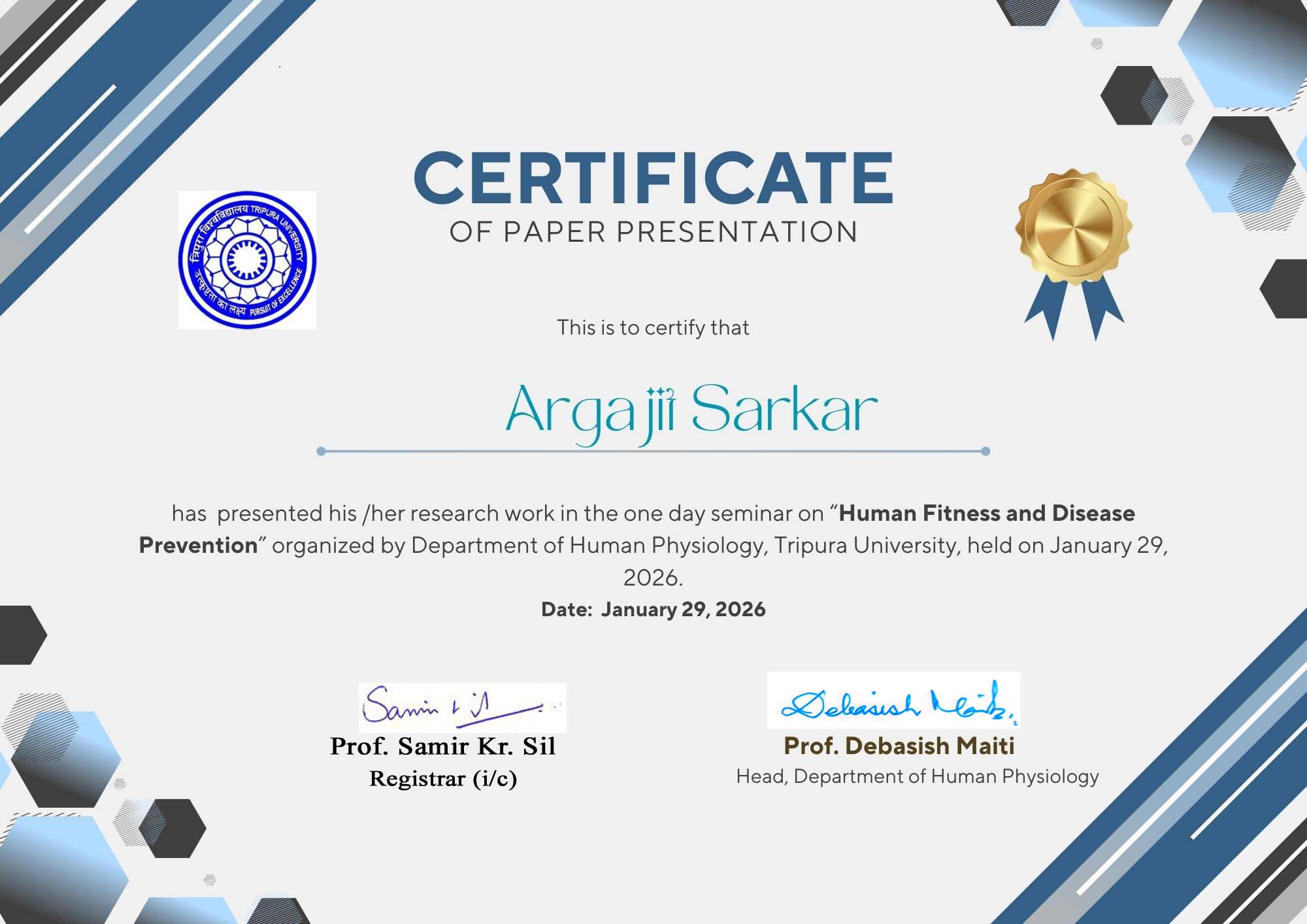 Certificate of Paper Presentation - Human Fitness and Disease Prevention, Tripura University