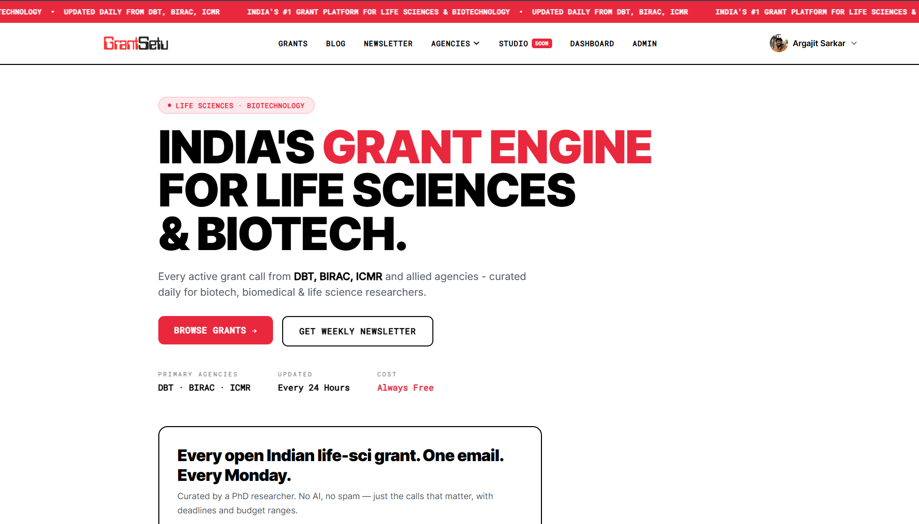 GrantSetu homepage screenshot
